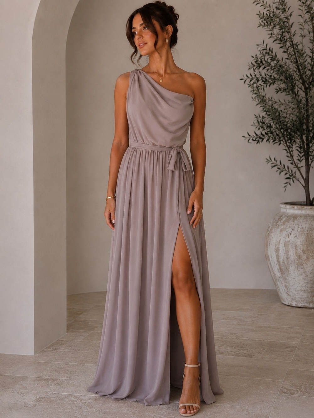 One-Shoulder Taupe Evening Dress with Side Slit - Picture 1 of 5